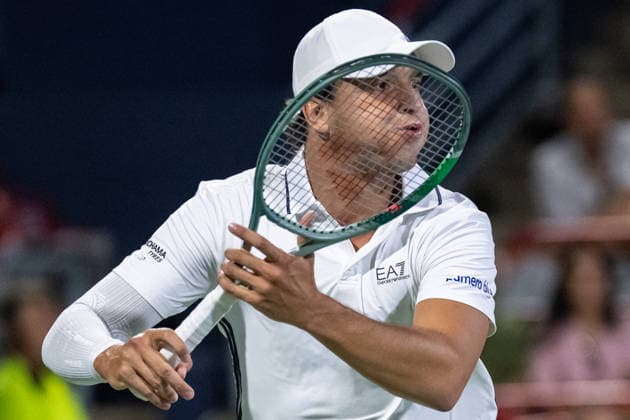 MONTREAL, QC - AUGUST 04: Luciano Darderi from Italia waits for the serve against Gabriel Diallo from Canada from Italia during their singles second round match on day three of the ATP, Tennis Herren 1000 National Bank Open presented by Rogers at Stade IGA on August 4, 2026 in Montreal, Quebec, Canada. (Photo by Vincent Ethier Icon Sportswire) TENNIS: AUG 04 National Bank Open EDITORIAL USE ONLY Icon270804093