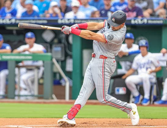 AUG 04, 2026: Minnesota Twins left fielder Trevor Larnach (9) at bat in the first inning against the Kansas City Royals at Kauffman Stadium Kansas City, MO. CSM Kansas City United States - ZUMAc04_ 20260804_zma_c04_003 Copyright: xRomanxPunox
