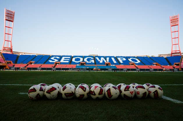 August 4, 2026, Seogwipo, Jeju, South Korea: Soccer balls are lined up at the Jeju World Cup Stadium in Seogwipo, South Korea, before an exhibition match between BundesligaÃ¢â‚¬â ¢s FC Bayern Munich and K League 1Ã¢â‚¬â ¢s Jeju SK FC, during the Audi Football Summit 2026 on Tuesday, Aug. 4, 2026. Seogwipo South Korea - ZUMAh163 20260804_znp_h163_001 Copyright: xJintakxHanx