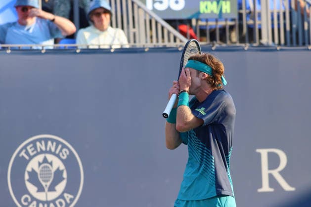 ATP, Tennis Herren Masters 1000 National Bank Open Montreal 2026 - Round of 64 - Day 4 Andrey Rublev of Russia reacts during the Men™s Singles round of 64 match against Shang Juncheng of China on day 4 of the ATP Masters1000 National Bank Open at IGA Stadium. on August 4, 2026, in Montreal, Canada. (Photo by Horacio Zamora Eyepix Group) Copyright: xHoracioxZamorax xEyepixxGroupx HZ_04082026_193867