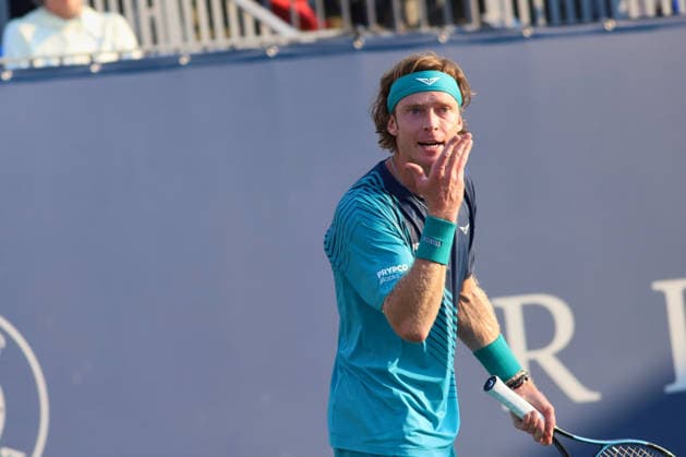 ATP, Tennis Herren Masters 1000 National Bank Open Montreal 2026 - Round of 64 - Day 4 Andrey Rublev of Russia reacts during the Men™s Singles round of 64 match against Shang Juncheng of China on day 4 of the ATP Masters1000 National Bank Open at IGA Stadium. on August 4, 2026, in Montreal, Canada. (Photo by Horacio Zamora Eyepix Group) Copyright: xHoracioxZamorax xEyepixxGroupx HZ_04082026_193871