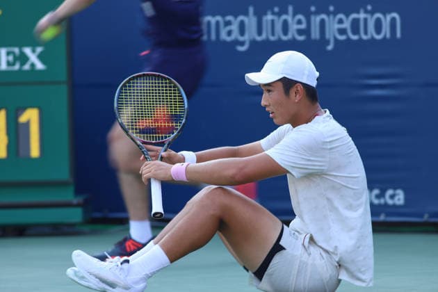 ATP, Tennis Herren Masters 1000 National Bank Open Montreal 2026 - Round of 64 - Day 4 Shang Juncheng of China reacts during the Men™s Singles round of 64 match against Andrey Rublev of Russia on day 4 of the ATP Masters1000 National Bank Open at IGA Stadium. on August 4, 2026, in Montreal, Canada. (Photo by Horacio Zamora Eyepix Group) Copyright: xHoracioxZamorax xEyepixxGroupx HZ_04082026_193888