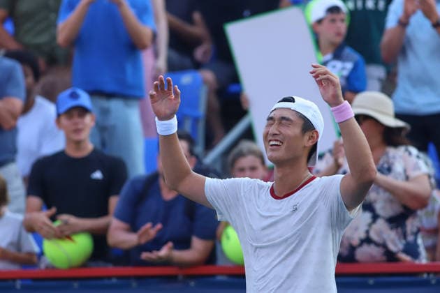 ATP, Tennis Herren Masters 1000 National Bank Open Montreal 2026 - Round of 64 - Day 4 Shang Juncheng of China celebrates after a point during the Men™s Singles round of 64 match against Andrey Rublev of Russia on day 4 of the ATP Masters1000 National Bank Open at IGA Stadium. on August 4, 2026, in Montreal, Canada. (Photo by Horacio Zamora Eyepix Group) Copyright: xHoracioxZamorax xEyepixxGroupx HZ_04082026_193891