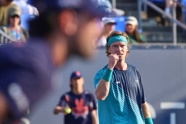 ATP, Tennis Herren Masters 1000 National Bank Open Montreal 2026 - Round of 64 - Day 4 Andrey Rublev of Russia celebrates after a point during the Men™s Singles round of 64 match against Shang Juncheng of China on day 4 of the ATP Masters1000 National Bank Open at IGA Stadium. on August 4, 2026, in Montreal, Canada. (Photo by Horacio Zamora Eyepix Group) Copyright: xHoracioxZamorax xEyepixxGroupx HZ_04082026_193910