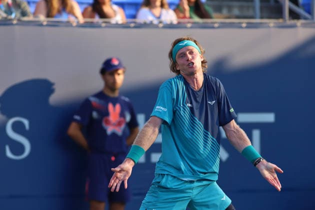 ATP, Tennis Herren Masters 1000 National Bank Open Montreal 2026 - Round of 64 - Day 4 Andrey Rublev of Russia reacts during the Men™s Singles round of 64 match against Shang Juncheng of China on day 4 of the ATP Masters1000 National Bank Open at IGA Stadium. on August 4, 2026, in Montreal, Canada. (Photo by Horacio Zamora Eyepix Group) Copyright: xHoracioxZamorax xEyepixxGroupx HZ_04082026_193878