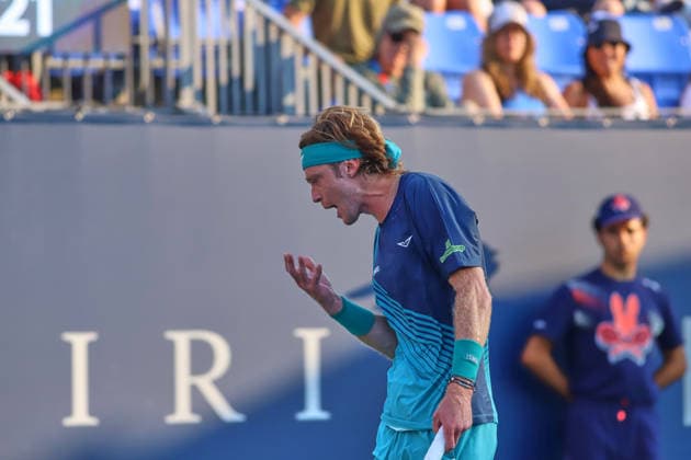 ATP, Tennis Herren Masters 1000 National Bank Open Montreal 2026 - Round of 64 - Day 4 Andrey Rublev of Russia reacts during the Men™s Singles round of 64 match against Shang Juncheng of China on day 4 of the ATP Masters1000 National Bank Open at IGA Stadium. on August 4, 2026, in Montreal, Canada. (Photo by Horacio Zamora Eyepix Group) Copyright: xHoracioxZamorax xEyepixxGroupx HZ_04082026_193880