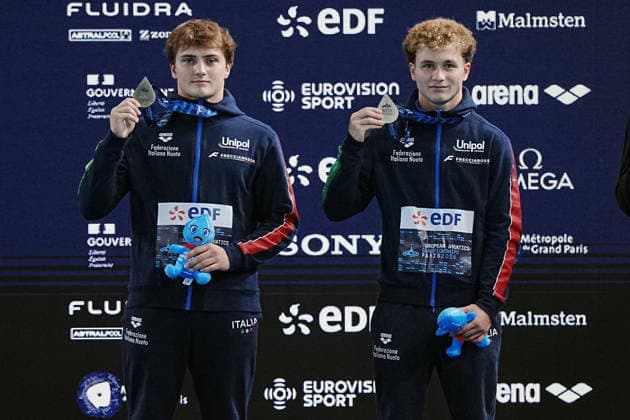 Men s Synchronised 10m Platform, Simone CONTE Raffaele PELLIGRA from Italy, silver medal at the European Aquatics Championships Paris 2026, Paris, August 03, 2026 .  Copyright: xGianxMattiaxD Alberto LaPressex