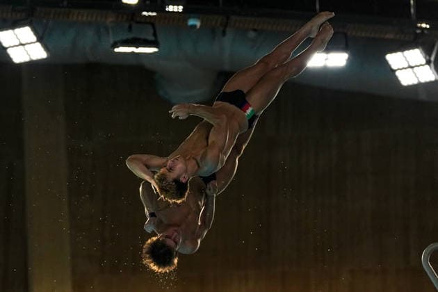 Men s Synchronised 10m Platform, Simone CONTE Raffaele PELLIGRA from Italy, silver medal at the European Aquatics Championships Paris 2026, Paris, August 03, 2026 .  Copyright: xGianxMattiaxD Alberto LaPressex