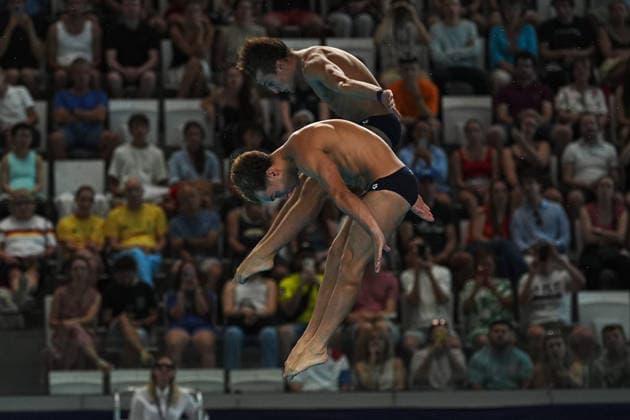 Men s Synchronised 10m Platform, Simone CONTE Raffaele PELLIGRA from Italy, silver medal at the European Aquatics Championships Paris 2026, Paris, August 03, 2026 .  Copyright: xGianxMattiaxD Alberto LaPressex
