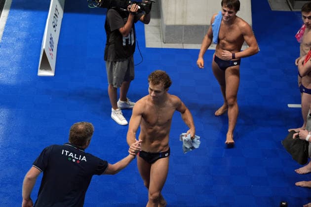 Men s Synchronised 10m Platform, Simone CONTE Raffaele PELLIGRA from Italy, silver medal at the European Aquatics Championships Paris 2026, Paris, August 03, 2026 .  Copyright: xGianxMattiaxD Alberto LaPressex