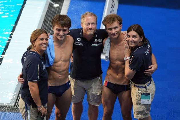 Men s Synchronised 10m Platform, Simone CONTE Raffaele PELLIGRA from Italy, silver medal at the European Aquatics Championships Paris 2026, Paris, August 03, 2026 .  Copyright: xGianxMattiaxD Alberto LaPressex