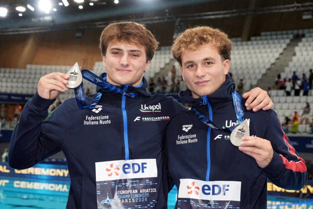 Men s Synchronised 10m Platform, Simone CONTE Raffaele PELLIGRA from Italy, silver medal at the European Aquatics Championships Paris 2026, Paris, August 03, 2026 .  Copyright: xGianxMattiaxD Alberto LaPressex