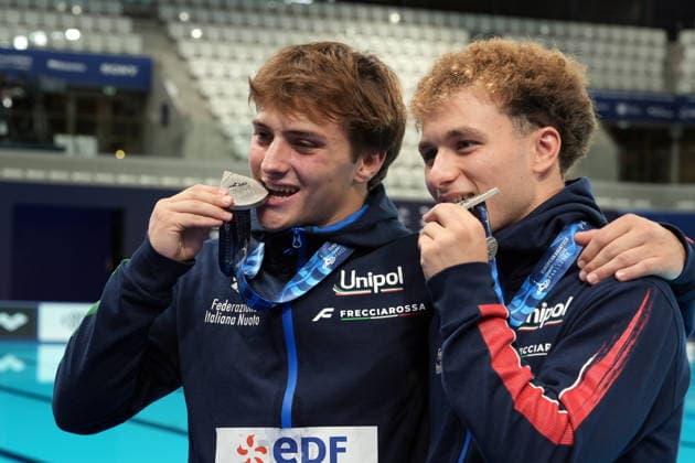 Men s Synchronised 10m Platform, Simone CONTE Raffaele PELLIGRA from Italy, silver medal at the European Aquatics Championships Paris 2026, Paris, August 03, 2026 .  Copyright: xGianxMattiaxD Alberto LaPressex