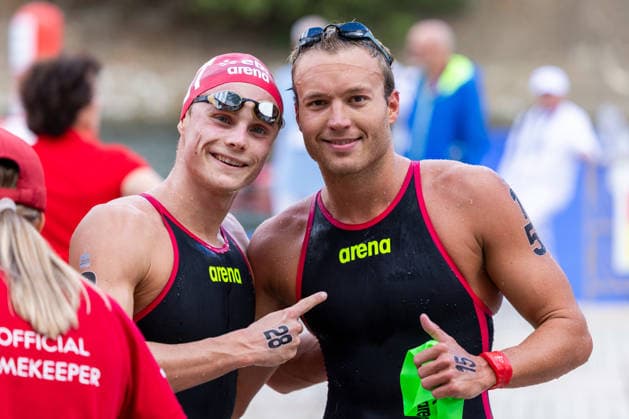SWIMMING - EAC 2026 PARIS,FRANCE,05.AUG.26 - SWIMMING - European Aquatics Championships Paris 2026, open water, 5km, men. Image shows Luca Karl (AUT) and Martin Straka (CZE).  GEPAxpictures xPhilippxBrem