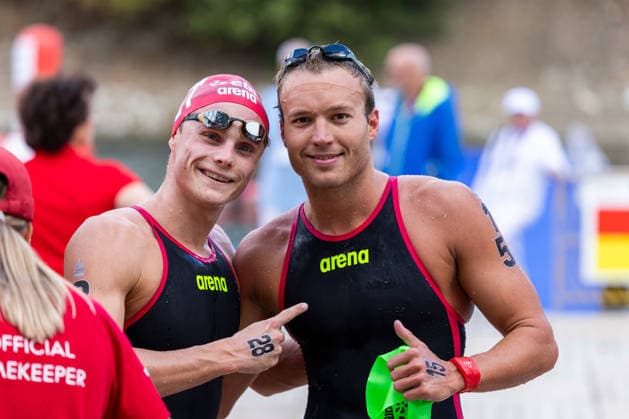 SWIMMING - EAC 2026 PARIS,FRANCE,05.AUG.26 - SWIMMING - European Aquatics Championships Paris 2026, open water, 5km, men. Image shows Luca Karl (AUT) and Martin Straka (CZE).  GEPAxpictures xPhilippxBrem