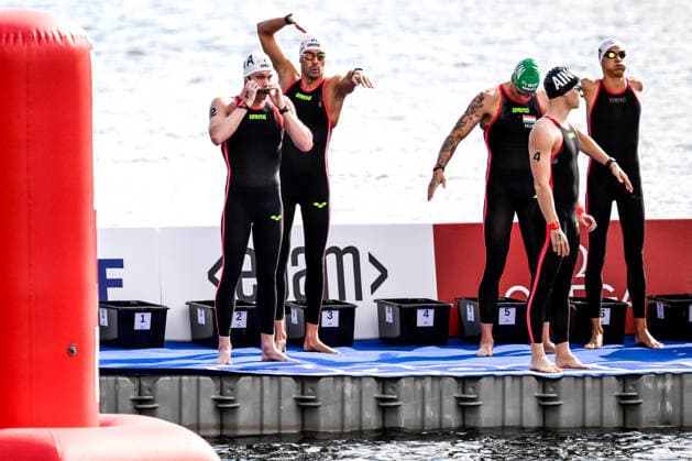 Marcello Guidi, Gregorio Paltrinieri of Italy prepare to compete in the open water swimming 5km Men Final during the European Aquatics Championships at the River Seine in Paris (France), August 5, 2026. Andrea Staccioli