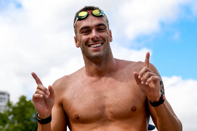 Gregorio Paltrinieri of Italy, bronze celebrates after the open water swimming 5km Men Final during the European Aquatics Championships at the River Seine in Paris (France), August 5, 2026. Andrea Staccioli