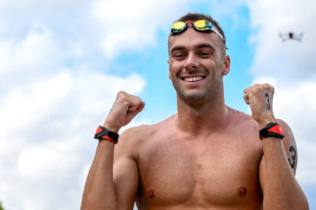 Gregorio Paltrinieri of Italy, bronze celebrates after the open water swimming 5km Men Final during the European Aquatics Championships at the River Seine in Paris (France), August 5, 2026. Andrea Staccioli