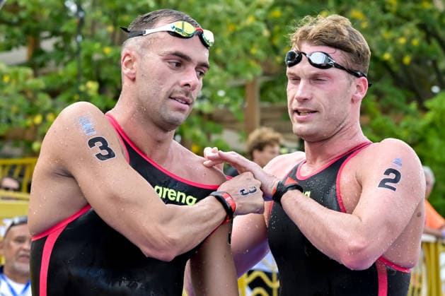 Gregorio Paltrinieri of Italy, bronze, Marcello Guidi of Italy react after competing in the open water swimming 5km Men Final during the European Aquatics Championships at the River Seine in Paris (France), August 5, 2026. Giorgio Scala DBM - Deepbluemedia Insidefoto