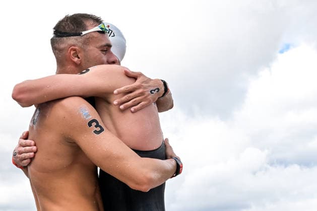 Gregorio Paltrinieri of Italy, bronze, Florian Wellbrock of Germany, gold celebrate after the open water swimming 5km Men Final during the European Aquatics Championships at the River Seine in Paris (France), August 5, 2026. Giorgio Scala DBM - Deepbluemedia Insidefoto