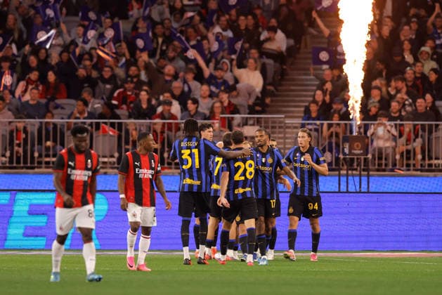 SOCCER AC MILAN INTER, Inter Milan celebrates after a goal by Federico Dimarco during the AC Milan vs Inter Milan soccer exhibition match at Optus Stadium in Perth, Wednesday, August 5, 2026. ( NO ARCHIVING PERTH WESTERN AUSTRALIA AUSTRALIA  Copyright: xRICHARDxWAINWRIGHTx 20260805167561931348