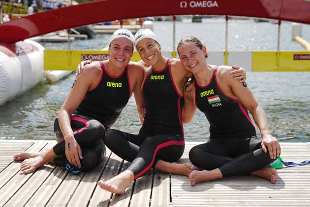 Open Water, Women s 5km, Barbara POZZOBON and Ginevra TADDEUCCI from Italy,Viktoria MIHALYVARI FARKAS from Hungary ,bronze , gold and silver medal at the European Aquatics Championships Paris 2026, Paris, August 05, 2026 .  Copyright: xGianxMattiaxD Alberto LaPressex
