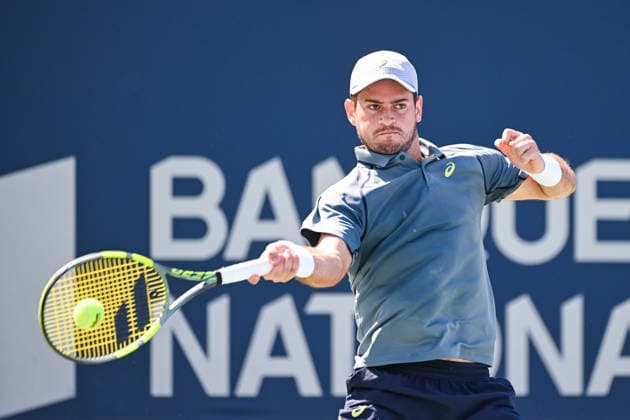 MONTREAL, QC - AUGUST 05: Nicolas Mejia (COL) returns the ball during a second round match at National Bank Open on August 05, 2026 at IGA Stadium in Montreal, QC (Photo by David Kirouac Icon Sportswire) TENNIS: AUG 05 National Bank Open EDITORIAL USE ONLY Icon26080500426