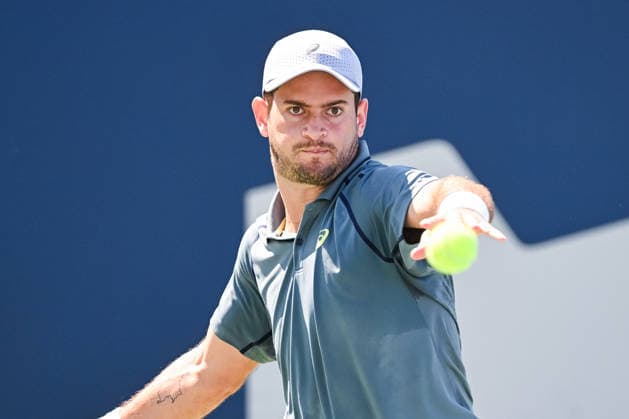 MONTREAL, QC - AUGUST 05: Nicolas Mejia (COL) returns the ball during a second round match at National Bank Open on August 05, 2026 at IGA Stadium in Montreal, QC (Photo by David Kirouac Icon Sportswire) TENNIS: AUG 05 National Bank Open EDITORIAL USE ONLY Icon26080500526