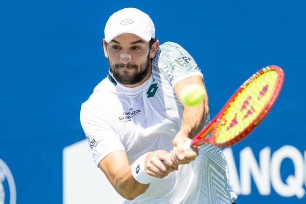 August 5, 2026, Montreal, Quebec, Canada: VALENTIN VACHEROT (14) from France backhand in match against Mariano Navone from Argentina in second round at Canadian Open at IGA stadium in Montreal, Quebec, Canada on 2026-08-05 Montreal Canada - ZUMAl189 20260805_zsp_l189_001 Copyright: xYannickxLegarex