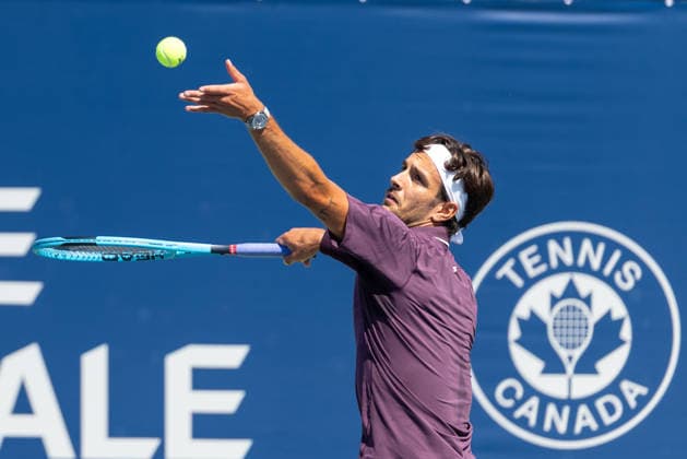 August 5, 2026, Montreal, Quebec, Canada: LORENZO MUSETTI (11) from italia serving in match against Nicolas Mejia from Colombia in second round at Canadian Open at IGA stadium in Montreal, Quebec, Canada on 2026-08-05 Montreal Canada - ZUMAl189 20260805_zsp_l189_002 Copyright: xYannickxLegarex