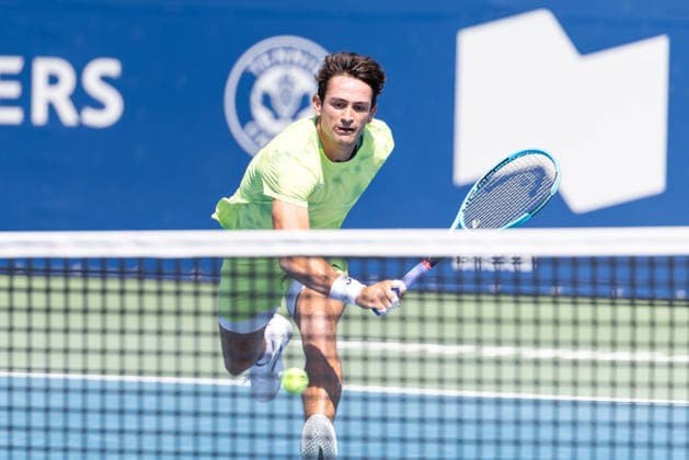 August 5, 2026, Montreal, Quebec, Canada: MARIANO NAVONE from Argentina backhand in match against Valentin Vacherot (14) from France in second round at Canadian Open at IGA stadium in Montreal, Quebec, Canada on 2026-08-05 Montreal Canada - ZUMAl189 20260805_zsp_l189_018 Copyright: xYannickxLegarex