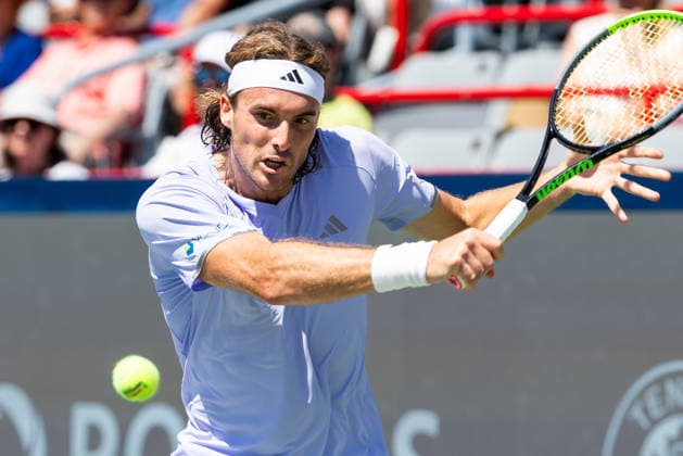 August 5, 2026, Montreal, Quebec, Canada: STEFANOS TSITSIPAS from Greece backhand in match against Joao Fonseca (22) from Brazil in second round at Canadian Open at IGA stadium in Montreal, Quebec, Canada on 2026-08-05 Montreal Canada - ZUMAl189 20260805_zsp_l189_034 Copyright: xYannickxLegarex