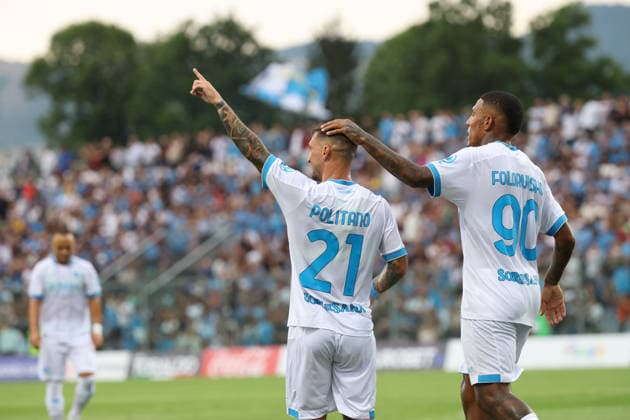 Napoli™s Matteo Politano celebrates after scoring goal 1-0 during the friendly match Napoli and Osasuna at the Teofilo Patini Stadium in Castel Di Sangro, Central Southern Italy - Wednesday, August 05 , 2026. - Soccer .  Copyright: xAlessandroxGarofalo LaPressex