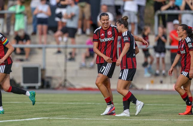 GER, Frankfurt, Eintracht Frankfurt vs AC Omonia Nikosia, UEFA Womens Champions League, Fussball, UEFA, Spielzeit 2026 2027, Stadion am Brentanobad, Qualifikation, Halbfinale im Bild: Larissa Mühlhaus (Eintracht Frankfurt Frauen 19) erzielt das Tor zum 2:0, Tor, Jubel und Freude, Emotionen, mit Noemi Ivelj (Eintracht Frankfurt Frauen 4) DFB DFL REGULATIONS PROHIBIT ANY USE OF PHOTOGRAPHS AS IMAGE SEQUENCES AND OR QUASI-VIDEO, 05.08.2026 *** GER, Frankfurt, Eintracht Frankfurt vs. AC Omonia Nicosia, UEFA Women s Champions League, Soccer, UEFA, 2026–2027 Season, Brentanobad Stadium, Qualifying Round, Semifinal in Pictures: Larissa Mühlhaus of Eintracht Frankfurt Women’s Team 19 scores the goal to make it 2–0, Goal, celebration and joy, emotions, with Noemi Ivelj, Eintracht Frankfurt Women’s Team No. 4. DFB and DFL regulations prohibit any use of photographs as image sequences and or quasi-video. August 5, 2026 Copyright: HMBxMedia HendrikxHamelau