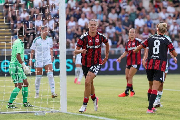 Frankfurt am Main, Germany - August 2026: Larrissa Muehlhaus (Eintracht Frankfurt) celebrate the goal to 2:0 during the second Qualifying Round Match Eintracht Frankfurt and Omonia Nicosia - Semi-finals of the UEFA Womens LP Mini Tournament at Stadium am Bretanobad in Frankfurt am Main, Germany *** Frankfurt am Main, Germany, August 2026 Larrissa Muehlhaus Eintracht Frankfurt celebrates the goal that made the score 2–0 during the second qualifying round match between Eintracht Frankfurt and Omonia Nicosia in the semifinals of the UEFA Women s LP Mini Tournament at Stadium am Bretanobad in Frankfurt am Main, Germany Copyright: HMBxMedia JoaquimxFerreira