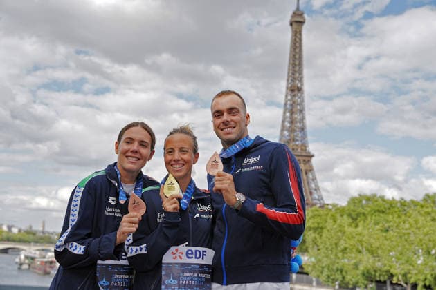 Open Water, Women s 5km, Ginevra TADDEUCCI and Barbara POZZOBON from Italy, gold and bronze medal, Gregorio PALTRINIERI from Italy, bronze, at the European Aquatics Championships Paris 2026, Paris, August 05, 2026 .  Copyright: xGianxMattiaxD Alberto LaPressex