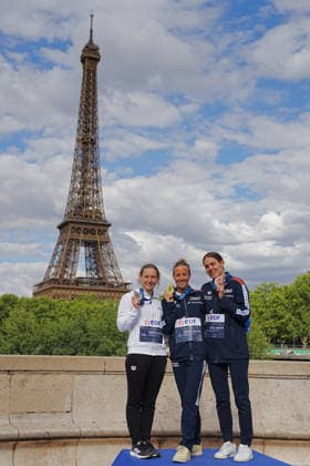 Open Water, Women s 5km, Barbara POZZOBON and Ginevra TADDEUCCI from Italy,Viktoria MIHALYVARI FARKAS from Hungary ,bronze , gold and silver medal at the European Aquatics Championships Paris 2026, Paris, August 05, 2026 .  Copyright: xGianxMattiaxD Alberto LaPressex