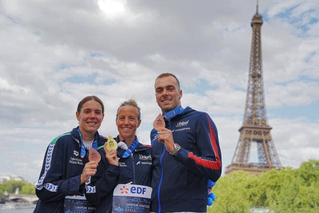 Open Water, Women s 5km, Ginevra TADDEUCCI and Barbara POZZOBON from Italy, gold and bronze medal, Gregorio PALTRINIERI from Italy, bronze, at the European Aquatics Championships Paris 2026, Paris, August 05, 2026 .  Copyright: xGianxMattiaxD Alberto LaPressex