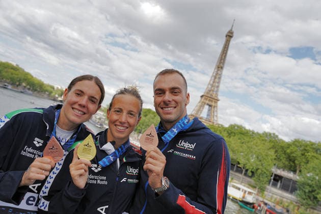 Open Water, Women s 5km, Ginevra TADDEUCCI and Barbara POZZOBON from Italy, gold and bronze medal, Gregorio PALTRINIERI from Italy, bronze, at the European Aquatics Championships Paris 2026, Paris, August 05, 2026 .  Copyright: xGianxMattiaxD Alberto LaPressex