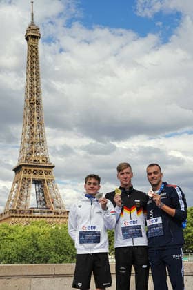 Open Water, Men s 5km, Gregorio PALTRINIERI from Italy, bronze, Florian WELLBROCK from Germany, gold, David BETLEHEM from Hungary, silver, at the European Aquatics Championships Paris 2026, Paris, August 05, 2026 .  Copyright: xGianxMattiaxD Alberto LaPressex