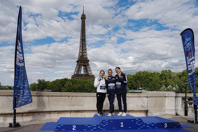 Open Water, Women s 5km, Barbara POZZOBON and Ginevra TADDEUCCI from Italy,Viktoria MIHALYVARI FARKAS from Hungary ,bronze , gold and silver medal at the European Aquatics Championships Paris 2026, Paris, August 05, 2026 .  Copyright: xGianxMattiaxD Alberto LaPressex