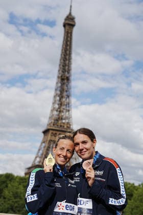 Open Water, Women s 5km, Ginevra TADDEUCCI and Barbara POZZOBON from Italy, gold and bronze medal at the European Aquatics Championships Paris 2026, Paris, August 05, 2026 .  Copyright: xGianxMattiaxD Alberto LaPressex
