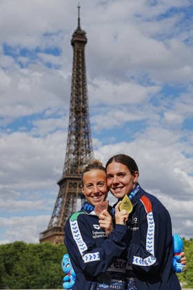 Open Water, Women s 5km, Ginevra TADDEUCCI and Barbara POZZOBON from Italy, gold and bronze medal at the European Aquatics Championships Paris 2026, Paris, August 05, 2026 .  Copyright: xGianxMattiaxD Alberto LaPressex