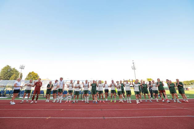Biella, Italy, 5th August 2026. Hammarby IF players applaud and sing with their fans following the 4-0 victory in the Hammarby IF vs KFF Apolonia UEFA Womens Champions League 2nd Qualifying Round semi final match at Stadio Vittorio Pozzo, Biella. Picture credit should read: Jonathan Moscrop Sportimage EDITORIAL USE ONLY. No use with unauthorised audio, video, data, fixture lists, club league logos or live services. Online in-match use limited to 120 images, no video emulation. No use in betting, games or single club league player publications. SPI_044_JM_HAMMARBY_APOLONIA_UWCL SPI-4874-0044
