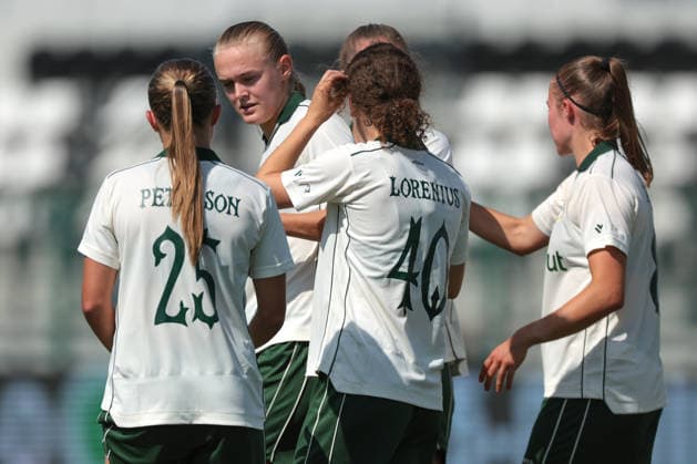 Biella, Italy, 5th August 2026. Elin Sorum of Hammarby IF celebrates with team mates after scoring a penalty to give the side a 2-0 lead during the Hammarby IF vs KFF Apolonia UEFA Womens Champions League 2nd Qualifying Round semi final match at Stadio Vittorio Pozzo, Biella. Picture credit should read: Jonathan Moscrop Sportimage EDITORIAL USE ONLY. No use with unauthorised audio, video, data, fixture lists, club league logos or live services. Online in-match use limited to 120 images, no video emulation. No use in betting, games or single club league player publications. SPI_047_JM_HAMMARBY_APOLONIA_UWCL SPI-4874-0047