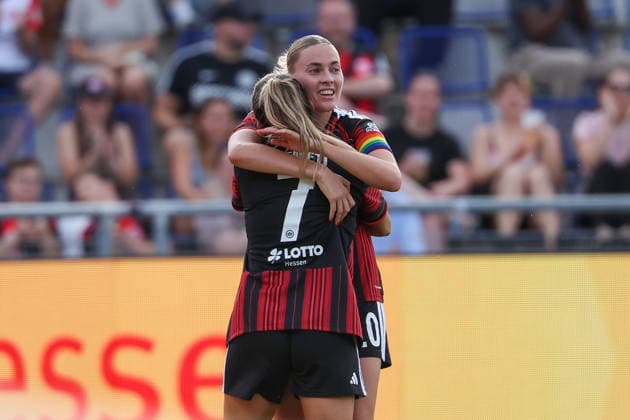 Frankfurt am Main, Germany - August 2026: Ereleta Memeti (Eintracht Frankfurt) and Laura Freigang (Eintracht Frankfurt) celebrate the goal to 3:0 during the second Qualifying Round Match Eintracht Frankfurt and Omonia Nicosia - Semi-finals of the UEFA Womens LP Mini Tournament at Stadium am Bretanobad in Frankfurt am Main, Germany *** Frankfurt am Main, Germany, August 2026: Ereleta Memeti of Eintracht Frankfurt and Laura Freigang of Eintracht Frankfurt celebrate the goal that made the score 3–0 during the second qualifying round match between Eintracht Frankfurt and Omonia Nicosia in the semifinals of the UEFA Women’s LP Mini Tournament at Stadium am Bretanobad in Frankfurt am Main, Germany Copyright: HMBxMedia JoaquimxFerreira