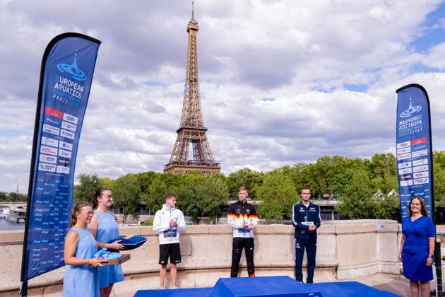 France, Paris, Seine River, 05.08.2026, European Aquatics Championships Artistic Swimming, Day 6, Medal Ceremony 5km Open Water, David Betlehem of Hungary, Florian Wellbrock of Germany and Gregorio Paltrinieri of Italy, Photo by Eibner Pressefoto Tino Henschel European Aquatics Championships Artistic Swimming, Day 6, Medal Ceremony 5km Open Water Paris *** France, Paris, Seine River, August 5, 2026, European Aquatics Championships – Artistic Swimming, Day 6, Medal Ceremony for the 5 km Open Water Event: David Betlehem of Hungary, Florian Wellbrock of Germany, and Gregorio Paltrinieri of Italy; Photo by Eibner Pressefoto Tino Henschel; European Aquatics Championships – Artistic Swimming, Day 6, Medal Ceremony for the 5 km Open Water Event, Paris Copyright: xEibnerxPressefotox