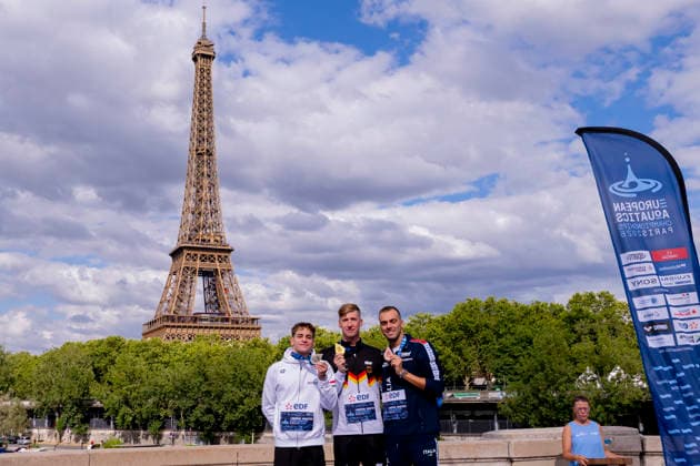 France, Paris, Seine River, 05.08.2026, European Aquatics Championships Artistic Swimming, Day 6, Medal Ceremony 5km Open Water, David Betlehem of Hungary, Florian Wellbrock of Germany and Gregorio Paltrinieri of Italy, Photo by Eibner Pressefoto Tino Henschel European Aquatics Championships Artistic Swimming, Day 6, Medal Ceremony 5km Open Water Paris *** France, Paris, Seine River, August 5, 2026, European Aquatics Championships – Artistic Swimming, Day 6, Medal Ceremony for the 5 km Open Water Event: David Betlehem of Hungary, Florian Wellbrock of Germany, and Gregorio Paltrinieri of Italy; Photo by Eibner Pressefoto Tino Henschel; European Aquatics Championships – Artistic Swimming, Day 6, Medal Ceremony for the 5 km Open Water Event, Paris Copyright: xEibnerxPressefotox