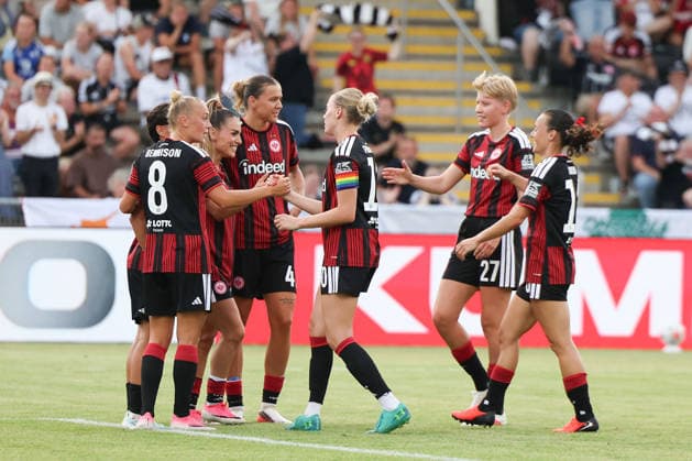 Frankfurt am Main, Germany - August 2026: Ereleta Memeti (Eintracht Frankfurt) and Teamates celebrate the goal to 5:0 during the second Qualifying Round Match Eintracht Frankfurt and Omonia Nicosia - Semi-finals of the UEFA Womens LP Mini Tournament at Stadium am Bretanobad in Frankfurt am Main, Germany *** Frankfurt am Main, Germany, August 2026: Ereleta Memeti of Eintracht Frankfurt and her teammates celebrate the goal that made the score 5–0 during the second qualifying round match between Eintracht Frankfurt and Omonia Nicosia in the semifinals of the UEFA Women s LP Mini Tournament at Stadium am Bretanobad in Frankfurt am Main, Germany Copyright: HMBxMedia JoaquimxFerreira