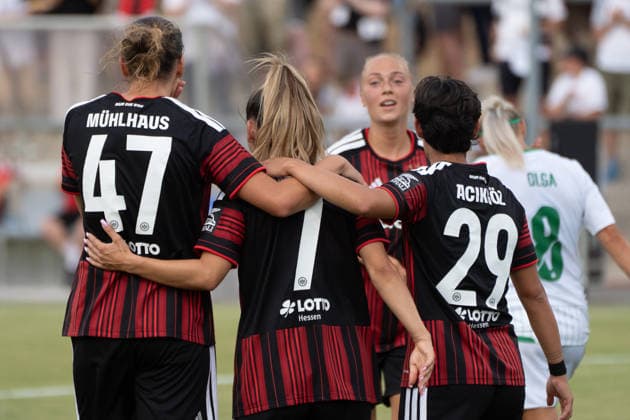 05.08.2026, xhfmx, Fussball CLQ HF 2. Qualirunde, Eintracht Frankfurt - Omonia Nicosia v.l. Larissa Mühlhaus (Eintracht Frankfurt, 47) , ErÃ«leta Memeti (Eintracht Frankfurt, 7),Hanna Bennison (Eintracht Frankfurt, 8), Dilara AcÄ±kgöz (Eintracht Frankfurt, 29) bejubeln ein Tor gegen Nikosia Tor, Goal, Jubel, Celebration (DFL DFB REGULATIONS PROHIBIT ANY USE OF PHOTOGRAPHS as IMAGE SEQUENCES and or QUASI-VIDEO) Frankfurt *** August 5, 2026, xhfmx, Soccer CLQ HF 2 Qualifying Round, Eintracht Frankfurt vs. Omonia Nicosia, Larissa Mühlhaus, Eintracht Frankfurt, 47, Erêleta Memeti, Eintracht Frankfurt; 7, Hanna Bennison, Eintracht Frankfurt; 8, Dilara Acikgöz, Eintracht Frankfurt; 29, celebrating a goal against Nicosia; Goal, Jubilation, Celebration DFL DFB REGULATIONS PROHIBIT ANY USE OF PHOTOGRAPHS as IMAGE SEQUENCES and or QUASI-VIDEO Frankfurt